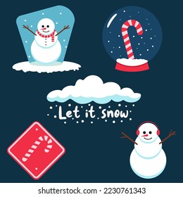 Cute winter pack with snowman, snow globe, candy cane and text. Flat vector illustration.