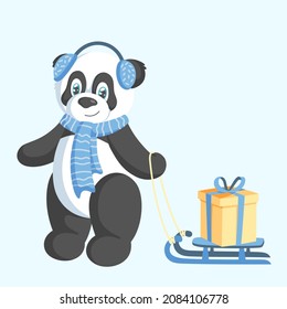 A cute winter panda in blue headphones and a scarf pulls a sled with a gift box. Hand drawn style. Vector illustration.