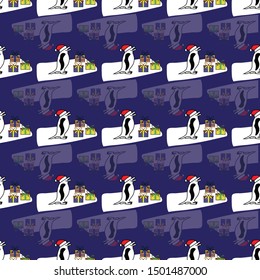 Cute Winter pattern background with  , penguins with Santa hats and colorful gift boxes on a  dark blue background.Perfect for stationary, textile and decoration projects. 