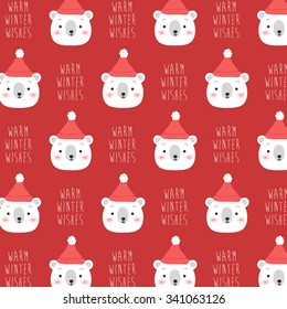 cute winter pattern with cartoon polar bear in hat with warm winter wishes text message on red background. can be used like pattern for wrapping paper, textile, greeting cards and party invitations