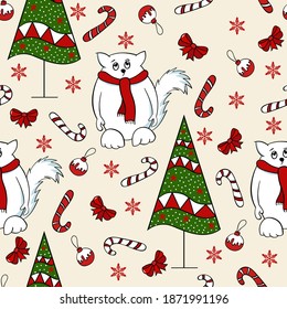 Cute winter pattern with cat, Christmas tree and caramel sticks. Vector seamless texture. New Year ornament for packaging paper, textiles, banners.