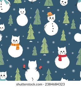 Cute winter pattern with cats made of snow and spruce trees