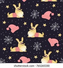 Cute winter pattern with corgi dogs in sweater, smiling and happy. Also warm hats, snowflakes and star decorations at dark background.