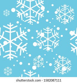 Cute winter pattern for fabric, wrapping paper, Wallpaper, banner, Christmas card. Seamless background of white falling snowflakes on blue background. 