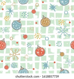 Cute Winter Pattern with festive ornaments and snowflakes. Merry Christmas Collection. Vector Illustration