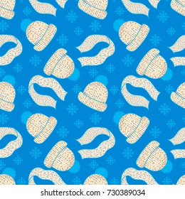 Cute winter pattern with hat, scarfs and snowflakes. Retro style. Vector illustration
