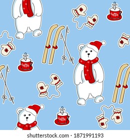 Cute winter pattern with a polar bear, skis, mittens and a mug of hot coffee. Vector seamless texture on a blue background. 