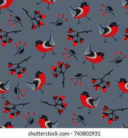 Cute Winter Pattern with red birds of bullfinch and brier. Vector illustration