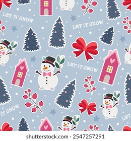 Cute winter pattern with snowman, house and pine tree, red berry. Vector design for Christmas poster, textile, wrapping paper. Flat illustration