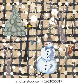 Cute Winter Pattern with Snowman and spruce trees on cute background with winter paintbrush doodles. Vector Illustration