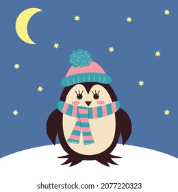 Cute winter penguin baby in hat and scarf. Moon and stars around. 