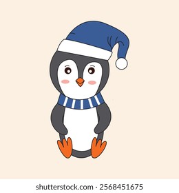 Cute Winter Penguin with Blue Hat and Scarf