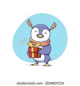 Cute Winter Penguin Character with Reindeer antlers Holding Present Box Sticker Illustration