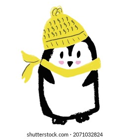 Cute winter penguin for Christmas and New Year decor. Cute penguin in yellow hats and scarves. Christmas penguin characters . Vector illustration in flat and cartoon style