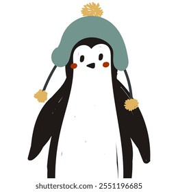 Cute winter penguin clipart design illustration on transparent background. Winter animal character. Hand draw vector illustration in flat style