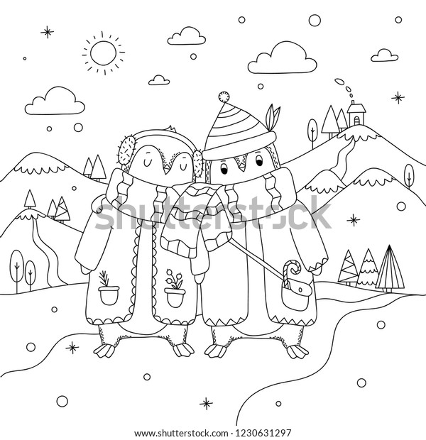 Download Cute Winter Penguin Couple On North Stock Vector (Royalty Free) 1230631297