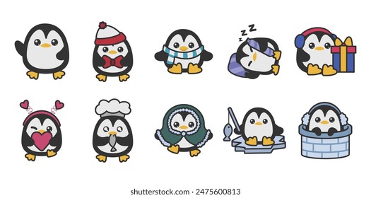 Cute Winter Penguin Doodle Set