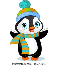 Cute winter penguin with hat and scarf 