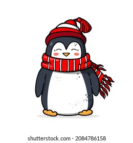 Cute winter penguin in hat and scarf. Adorable symbol of Christmas, New year and happy holidays. Perfect for apparel print, greeting and wish cards, invitations, posters and apps