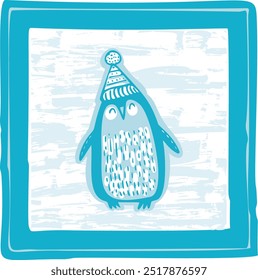 Cute winter penguin icon clipart for seasonal whimsical graphic designs. Hand drawn nordic animal for cold snowy mood holiday element. 