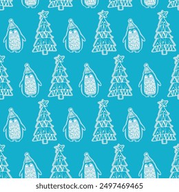 Cute winter penguin icon pattern for seasonal whimsical graphic designs. Hand drawn nordic animal for cold snowy mood holiday background.