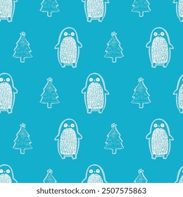 Cute winter penguin icon pattern for seasonal whimsical graphic designs. Hand drawn nordic animal for cold snowy mood holiday background.