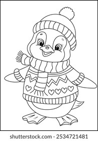 Cute Winter Penguin Line Art Coloring Page. Fun Animal Design for Kids.