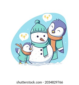 Cute Winter Penguin Parent and Child Build Snowman Together Character Sticker Illustration