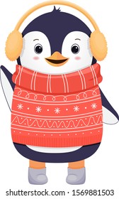 Cute winter penguin in red sweater. Christmas character. . Cartoon illustration.