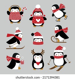 Cute winter penguin vector sticker set.