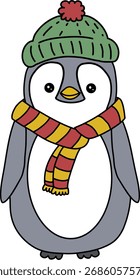 Cute winter penguin wearing hat and scarf