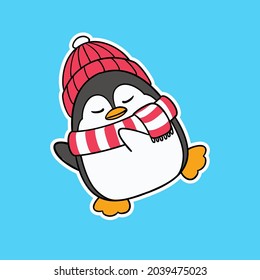 Cute Winter Penguin Wearing Scarf and Beanie Dancing Illustration