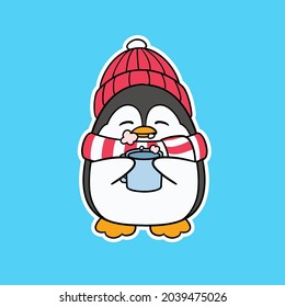 Cute Winter Penguin Wearing Scarf and Beanie Drinking Hot Beverage Illustration