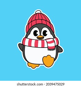 Cute Winter Penguin Wearing Scarf and Beanie Walking Happily Illustration