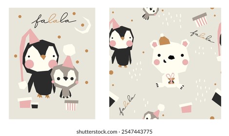 Cute winter penguin white bear kid childish toddler baby seamless pattern background in light colors. 