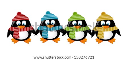Cute winter penguins holding hands