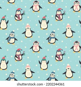 Cute winter penguins seamless pattern. Christmas characters in warm clothing. Perfect for christmas background, wallpaper, gift wrap, and etc