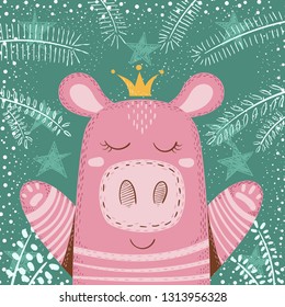 Cute winter pig - children illustration. Hand draw