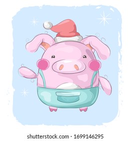 Cute winter pig - children illustration
