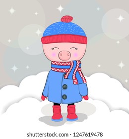 Cute winter pig in a coat with hat and scarf. Illustration for children print design, kids t-shirt, baby wear. Vector greeting card.