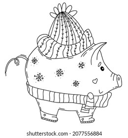 Cute winter pig in hat and scarf. Vector illustration in linear hand doodle style. Pig piggy bank and seasonal money saving concept. Outline, linear sketch character for design and decor.