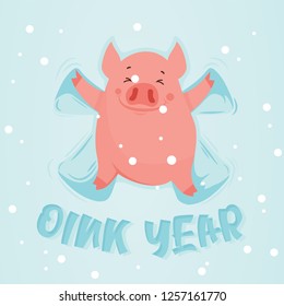 Cute winter pig make snow angel. Happy New Year of 2019, year of a pig. Excellent for the design of postcard, poster, sticker, banner and so on.