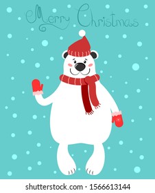 Cute winter poiar bear in red hat and scarf. Holiday and christmas illustration be used for greeting card, posters, print.