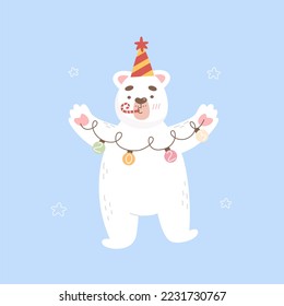 Cute winter polar bear card. Cartoon style vector illustration. New year illustration. Greeting card.