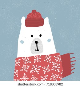 Cute winter polar bear in scarf and hat. Holiday and christmas illustration. It can be used for greeting card, posters, apparel