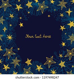 Cute winter postcard with decorative snowflakes and stars.