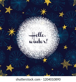 Cute winter postcard with decorative snowflakes and stars. Hello, winter!