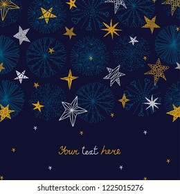 Cute winter postcard with decorative snowflakes and stars.