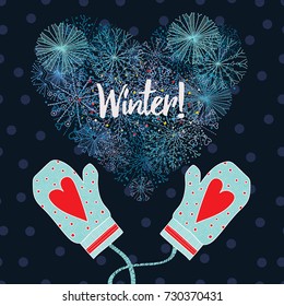 Cute winter postcard with decorative snowflakes and mittens.