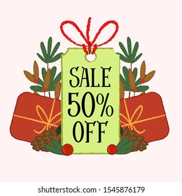 Cute Winter price tag with 50% sale discount off. Decorated with present box, plants, branches, berries. Special offer, promotion, marketing. Vector isolated graphic design element and illustration.